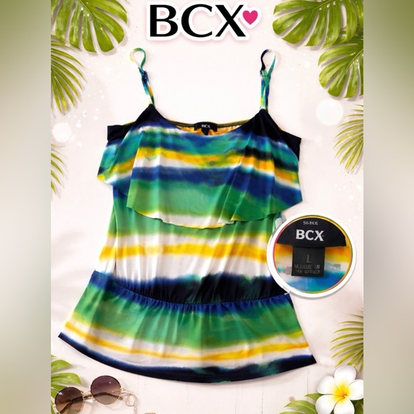 BCX Tops - BCX Y2K Aesthetic Ruffle Tank Top - Watercolor Abstract Print - Size L